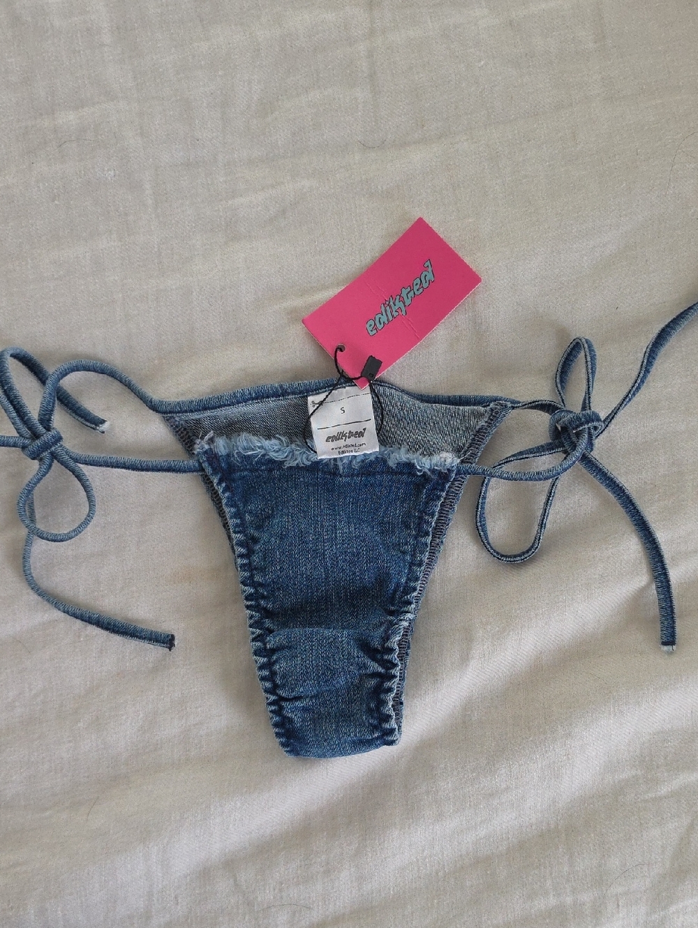 Edikted Blue Denim Tie-Side Bikini Bottom